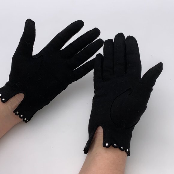 VTG MC GRANDOE short black ladies gloves size 6 1/2 scalloped edge w/rhinestones - Picture 7 of 14